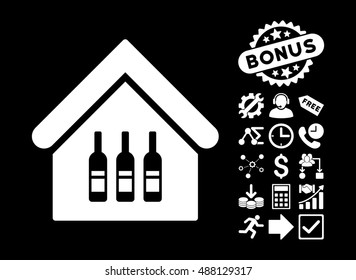 Wine Bar icon with bonus elements. Vector illustration style is flat iconic symbols, white color, black background.