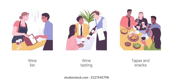 Wine bar isolated cartoon vector illustrations set. Young woman choosing drink from wine list, professional sommelier presents bottle to couple, diverse friends have tapas and snacks vector cartoon.