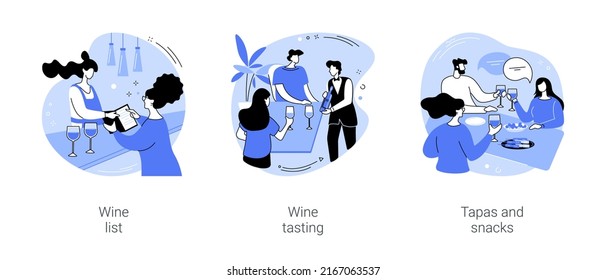 Wine bar isolated cartoon vector illustrations set. Young woman choosing drink from wine list, professional sommelier presents bottle to couple, diverse friends have tapas and snacks vector cartoon.