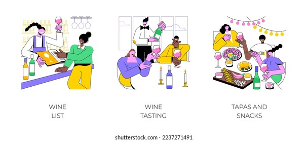 Wine bar isolated cartoon vector illustrations set. Young woman choosing drink from wine list, professional sommelier presents bottle to couple, diverse friends have tapas and snacks vector cartoon.