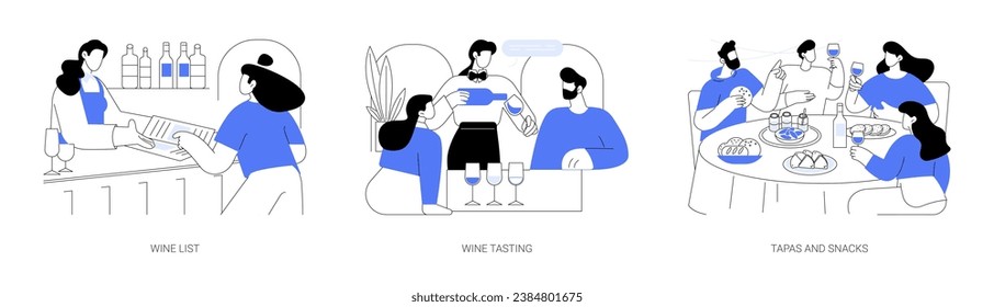 Wine bar isolated cartoon vector illustrations set. Young woman choosing drink from wine list, professional sommelier presents bottle to couple, diverse friends have tapas and snacks vector cartoon.