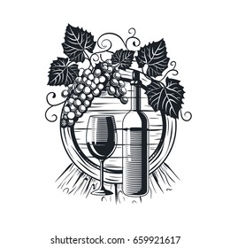 Wine bar logo with glass, bottle, barrel and grapes. Vector badge for wine list or shop. 