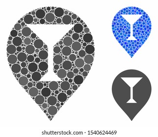 Wine bar marker mosaic of small circles in variable sizes and shades, based on wine bar marker icon. Vector random circles are composed into blue mosaic.