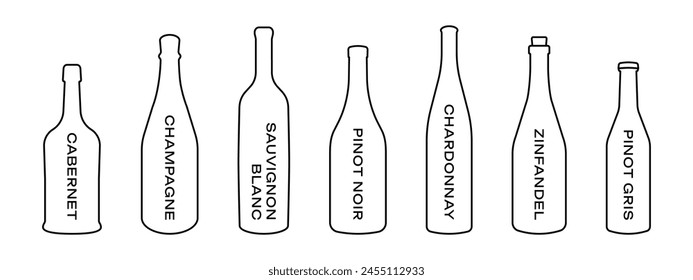 Weinbar Menü Illustration. Weinsorten Kollektion. Alkoholflaschen-Icon-Set. Champagnerflaschensymbol. Sauvignon, Chardonnay, Cabernet und Zinfandel Design Outline isoliert.