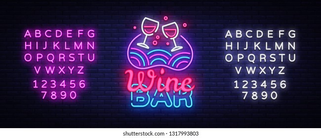 Wine Bar neon sign vector. Wine Shop Design template neon sign, light banner, neon signboard, nightly bright advertising, light inscription. Vector illustration. Editing text neon sign