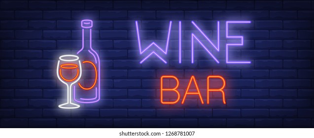 Wine bar neon text, bottle and glass with red wine. Bar or advertisement design. Night bright neon sign, colorful billboard, light banner. Vector illustration in neon style.
