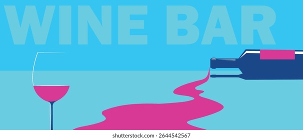 Wine bar, party poster, pub banner, vector illustration of bottle and glass. Wine spilled on the table, design for the decoration of the liquor store and wine list.