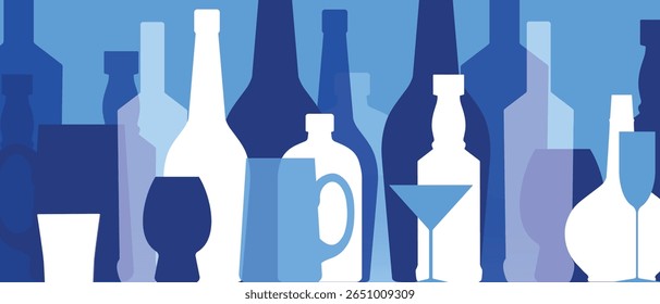 Wine bar poster, alcohol bottles and glasses collection, flat design. For wine list design, flyer, sommelier, restaurant menu, kitchen decor, drink party, red wine, merlot, chardonnay