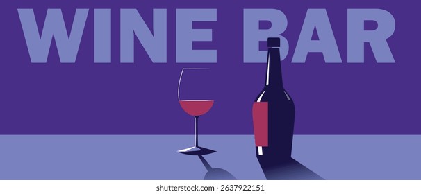Wine bar poster, flat design, wine bottle, glass. Drink party, festival, chardonnay, cabernet, merlot, muscat