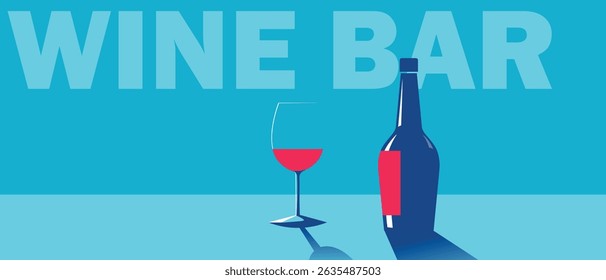 Wine bar, restaurant poster, party, flat design. Red wine bottle, glass, merlot, chardonnay, wine list, drinks, alcohol