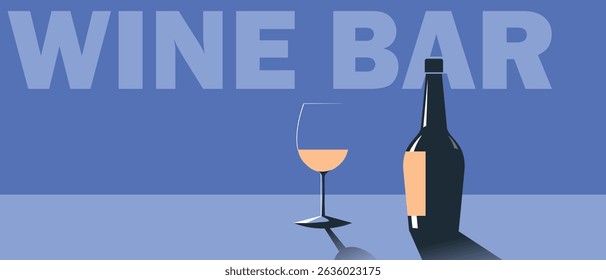 Wine bar, restaurant poster, wine tasting, flat design. Illustration white wine bottle, glass, cabernet, chardonnay, sauvignon, drinking alcohol
