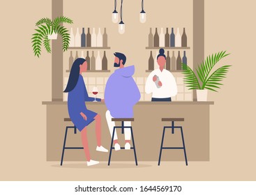 Wine bar scene, a bartender and two customers, relaxing atmosphere, interior design