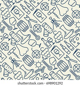 Wine bar seamless pattern for restaurant menu of natural alcohol drinks. Vector illustration with thin line icons related with wine making and winery.