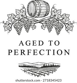 Barril de vino envejecido a la perfección Ilustración vectorial para bodega de viñedo etiqueta alcohol bodega marca y bebida menú diseño aislado negro sobre transparente