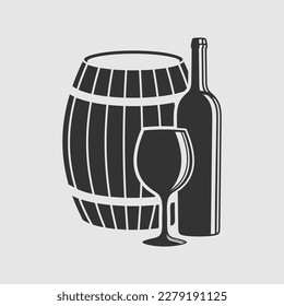 Wine Barrel, bottle and wine glass isolated on white background. Vector illustration