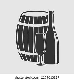 Wine Barrel, bottle and wine glass isolated on white background. Vector illustration