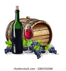 Wine barrel with a bottle and a glass. A realistic still life. Vector illustration.