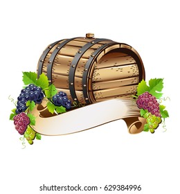 Wine barrel with bunches of grapes. Vector illustration.
