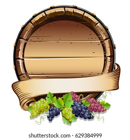 Wine barrel with bunches of grapes. Vector illustration.