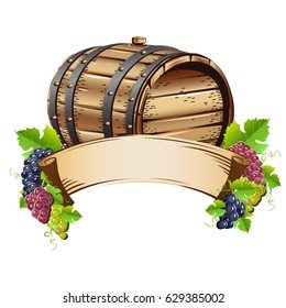 Wine barrel with bunches of grapes. Vector illustration.