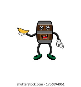 wine barrel character with banana vector design illustration