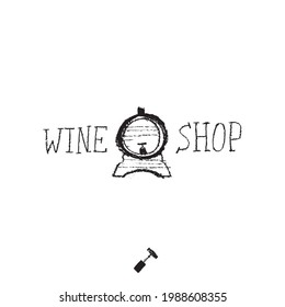 Wine barrel drawing. Winery sign template. Hand-drawn pencil illustration for Wine shop and store symbol with crayon texture. Emblem for vineyard, insignia biodynamic wines, grape festival, bar logo.