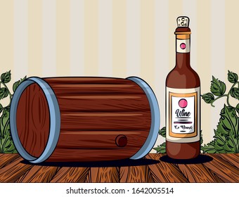 wine barrel drink with bottle vector illustration design