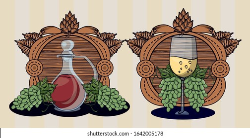 wine barrel drink with cup and grapes vector illustration design