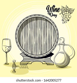 wine barrel drink with jar and cup vector illustration design