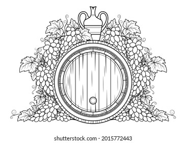 Wine barrel, flask, grapes and rod vintage etching style, Isolated on white background. Eps10 vector illustration.