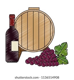 wine barrel with grapes cluster and bottle