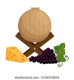 wine barrel with grapes cluster and cheese