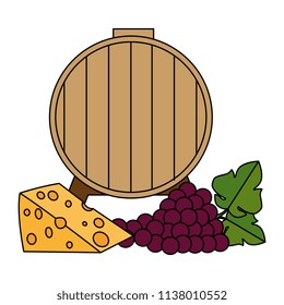 wine barrel with grapes cluster and cheese