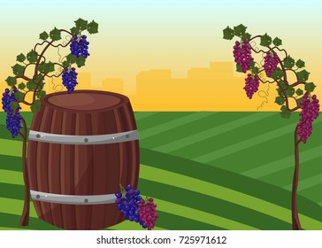 Wine barrel and grapes Vector background