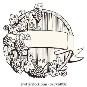 Wine barrel with grapes wines and banner, Vector illustration