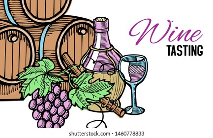 Wine barrel, hand drawn, with grape vines around it, bottle of wine and glass, isolated on white vector illustration. Winery tasting invitation.