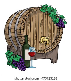 Wine barrel, hand drawn, with grape vines around it, bottle of wine and glass, isolated on white, vector illustration