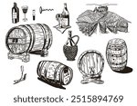 Wine barrel landscape, corkscrew, Landscape Grape field, wine bottle. Set on Wine theme. Perfect for wallpaper, template, banner, wall decor, print, postcard, cover. Vector illustration