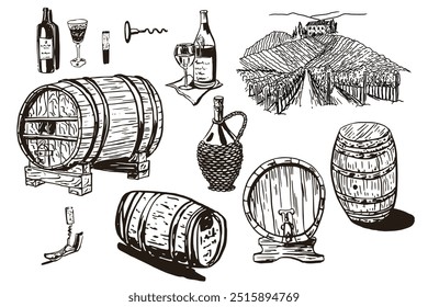 Paisaje de barril de vino, sacacorchos, campo de uva de paisaje, botella de vino. Conjunto en el tema de vino. Perfecto para Fondo de pantalla, Plantilla, Anuncio, decoración de la pared, impresión, postal, cubierta. Ilustración vectorial