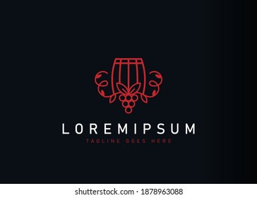 Diseño del logo del barril de vino. Icono de ilustración vectorial de rama joven de vino y barril. Diseño de logotipo moderno con estilo de arte lineal.