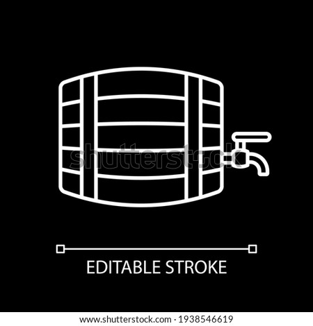 Wine barrel with tap white linear icon for dark theme. Whiskey brewery. Distillery production. Thin line customizable illustration. Isolated vector contour symbol for night mode. Editable stroke