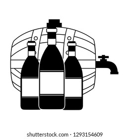 wine barrel and three bottles