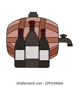 wine barrel and three bottles