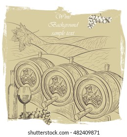 Wine Barrel Vector Isolated On White. Hand Drawn Ink Engraving Technique