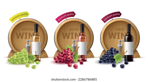 Wine barrels compositions. Oak containers for storing alcoholic beverages, wooden texture, grapes bunches and bottles, green red and black berries, 3d isolated elements, utter vector set