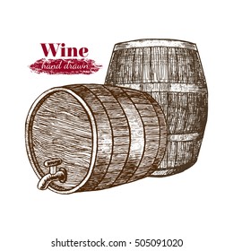 Wine Barrels Hand Draw Sketch. Vector illustration Old wooden isolated on a white background. Winemaker products in pencil style for cellar, beer, whiskey