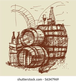 wine and barrels. handmade sketch.