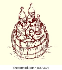 wine. barrels. handmade sketch.