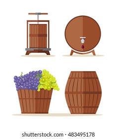 Wine barrels set. Collection of tuns, buts, containers, octaves. Wooden wine casks. Basket with grapes. Check elite vintage strong wine. Part of series of viniculture production items. Vector