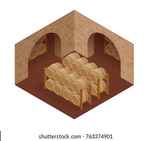 Wine barrels stacked in the old cellar of the winery. Isometric vector illustration